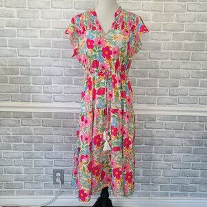Boutique Vibrant Floral Swing Dress Midi Rockabilly Retro Smocked Medium NEW